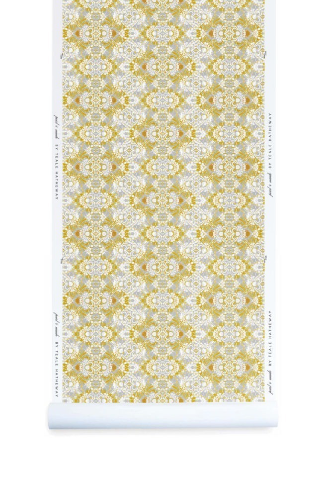 A roll of Pearl & Maude's abstract botanical Carmen nonwoven vellum wallpaper in daisy yellow, white and grey