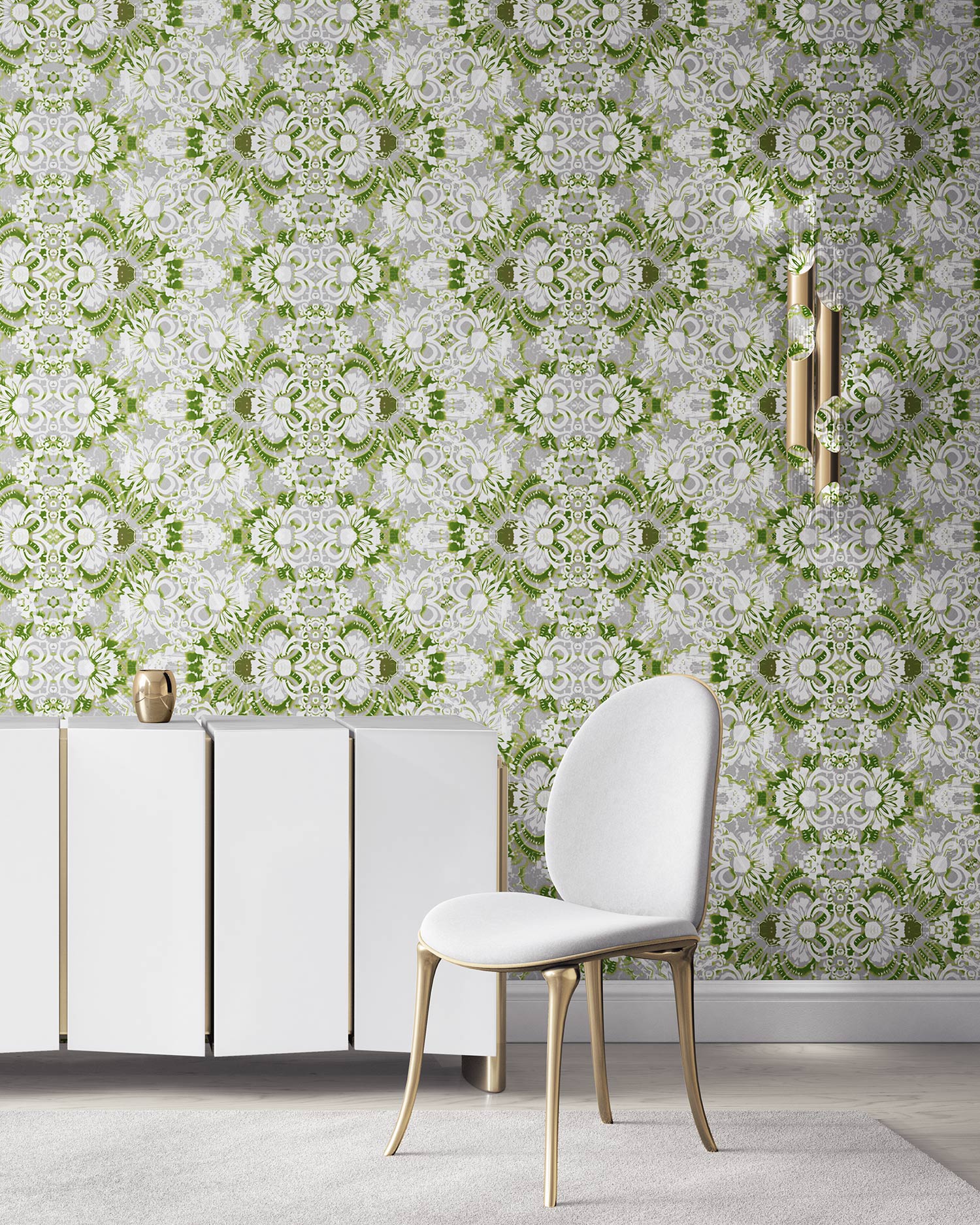 Pearl & Maude's abstract botanical Carmen nonwoven vellum wallpaper in moss green, white and grey installed in a beautiful living room with white and brass furniture.