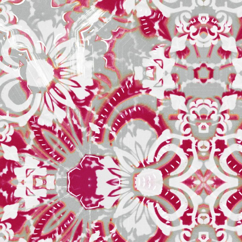 A detail swatch of Pearl & Maude's abstract floral Carmen vellum wallpaper in berry pink and grey
