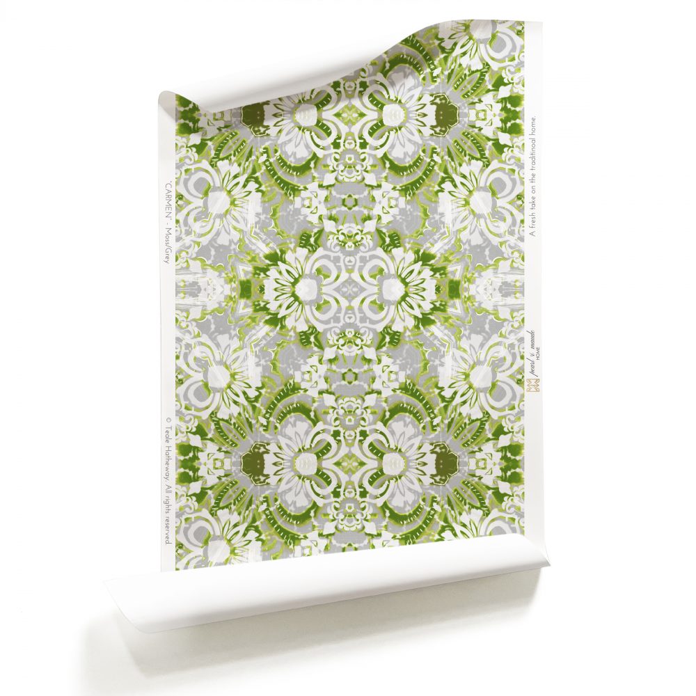 A roll of Pearl & Maude's abstract botanical Carmen prepasted wallpaper in moss green, white and grey