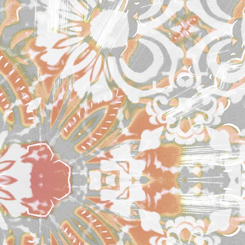 A detail swatch of Pearl & Maude's abstract floral Carmen vellum wallpaper in clay pink and grey