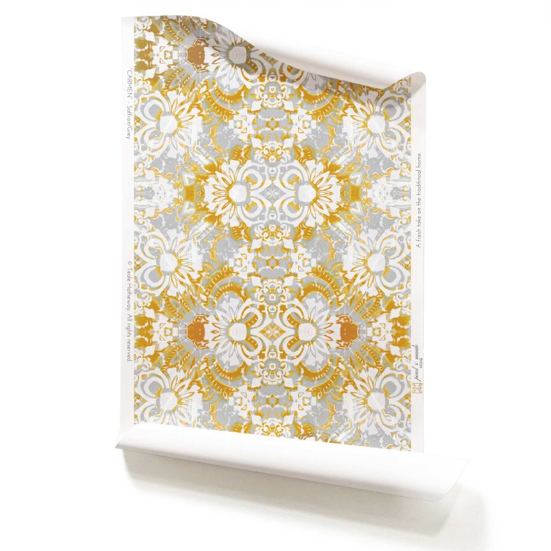 A roll of Pearl & Maude's abstract botanical Carmen prepasted wallpaper in daisy yellow, white and grey