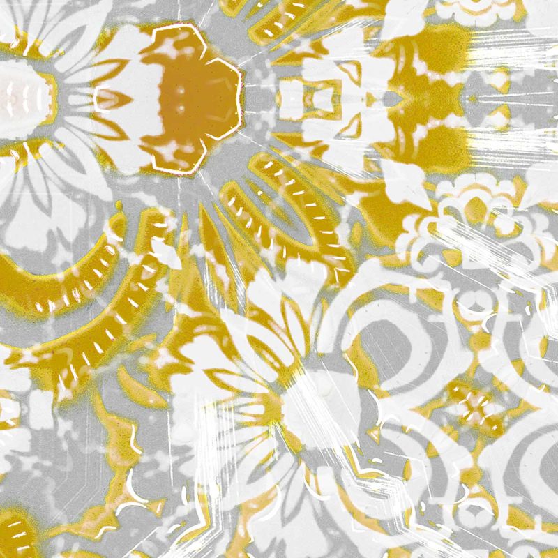 A detail swatch of Pearl & Maude's abstract floral Carmen vellum wallpaper in daisy yellow and grey