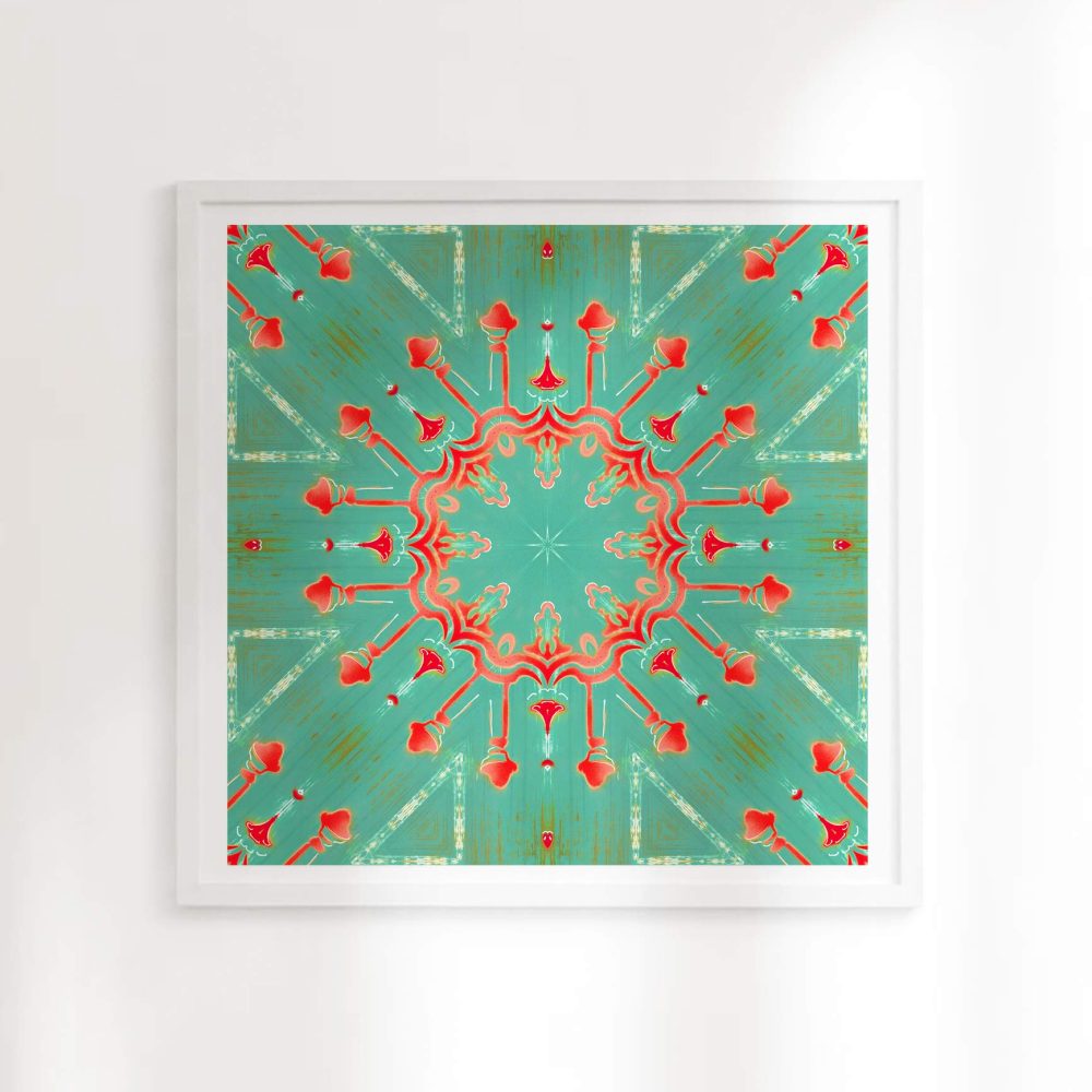 Elton is a square, turquoise and coral colored art print. The design was inspired by a painting of a beautiful old streetlight downtown. The result is a flashy, joyful, celebratory, starburst medallion design.
