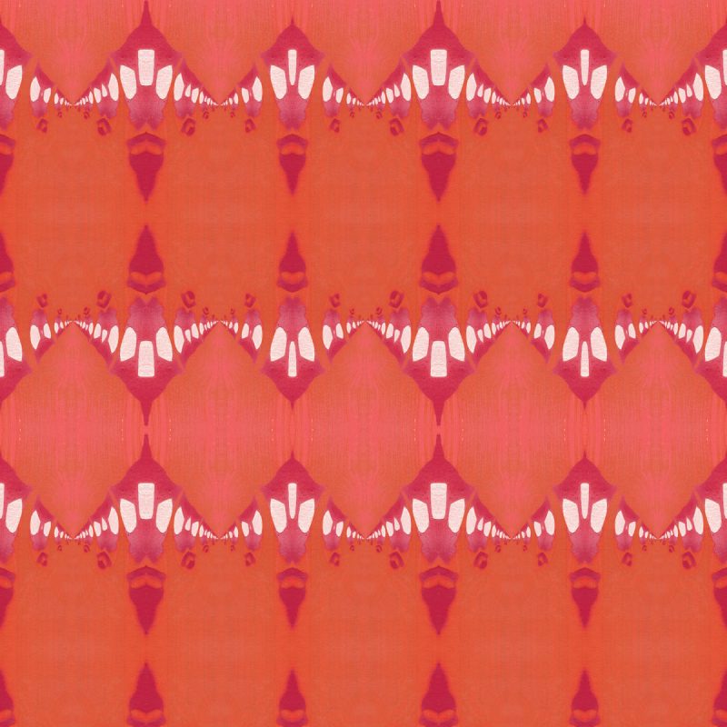 A coral, pink and orange art print of architectural details.