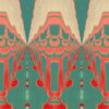 A coral red, peach and turquoise art print reminiscent of Art Nouveau and tribal designs.