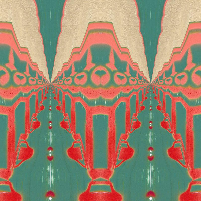 A coral red, peach and turquoise art print reminiscent of Art Nouveau and tribal designs.