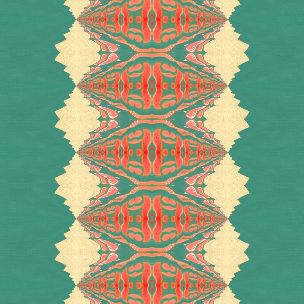 A coral, peach and turquoise art print in a psychedelic stripe.