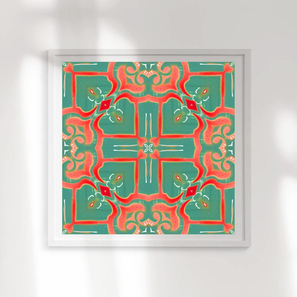 Mallorca is a coral red, peach and turquoise art print reminiscent of Mediterranean tile patterns. Here, Mallorca is framed and hanging on a wall.