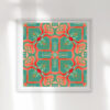 Mallorca-Turquoise-Coral-Abstract-Tile-Art-Print-by-Pearl-and-Maude Mallorca is a coral red, peach and turquoise art print reminiscent of Mediterranean tile patterns. Here, Mallorca is framed and hanging on a wall.