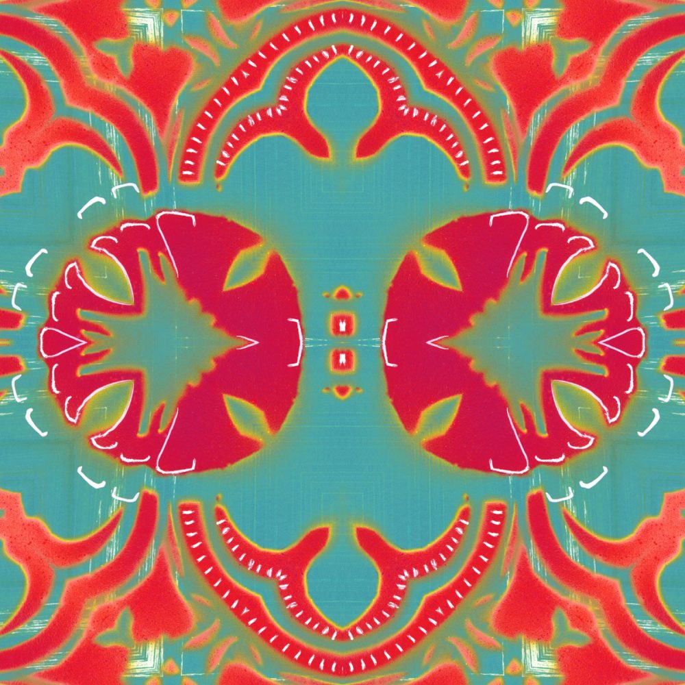 A coral red, magenta and turquoise art print reminiscent of William Morris' Arts and Crafts designs.