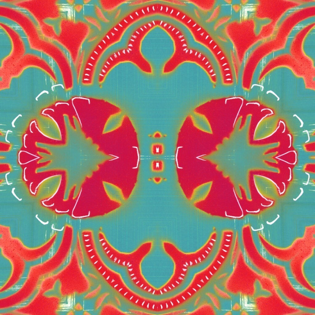 A coral red, magenta and turquoise art print reminiscent of William Morris' Arts and Crafts designs.