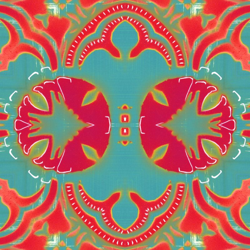 A coral red, magenta and turquoise art print reminiscent of William Morris' Arts and Crafts designs.
