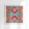 Morris-Turquoise-Coral-Magenta-Arts-and-Crafts-Art-Print-by-Pearl-and-Maude Morris is a coral red, magenta and turquoise art print reminiscent of William Morris' Arts and Crafts designs. Here, Morris is seen framed in gold and hung in a luxurious bedroom.