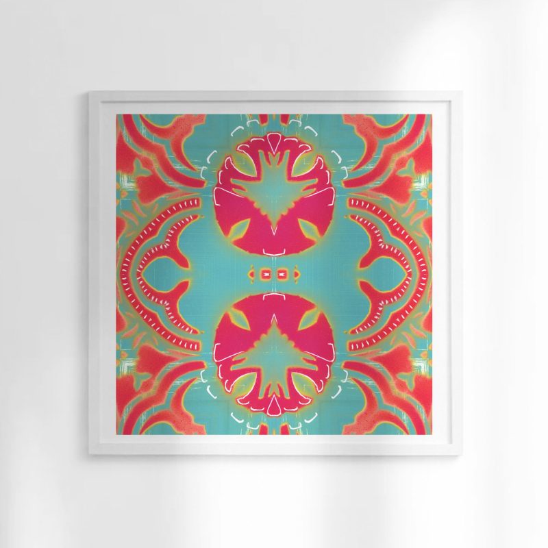 Morris is a coral red, magenta and turquoise art print reminiscent of William Morris' Arts and Crafts designs. Here, Morris is seen framed in gold and hung in a luxurious bedroom.