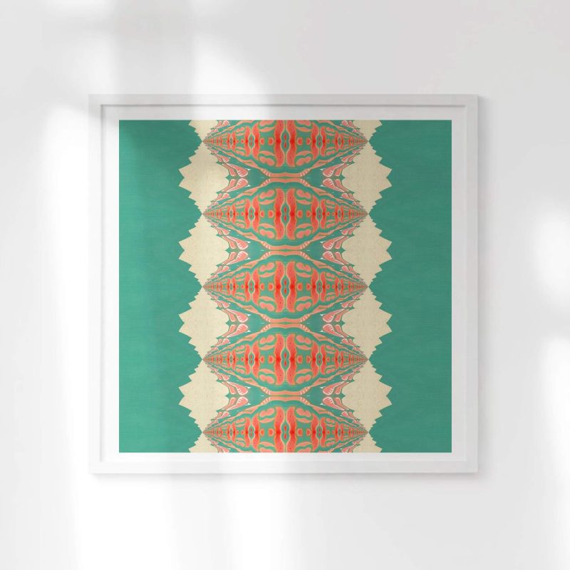 A coral, peach and turquoise art print in a psychedelic stripe.