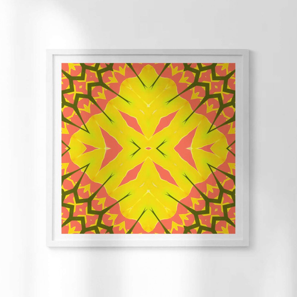 Yellow Diamonds is a square, lemon, orange and coral colored art print. The design was inspired by beautiful, dusty and harsh environment of the Mojave Desert.