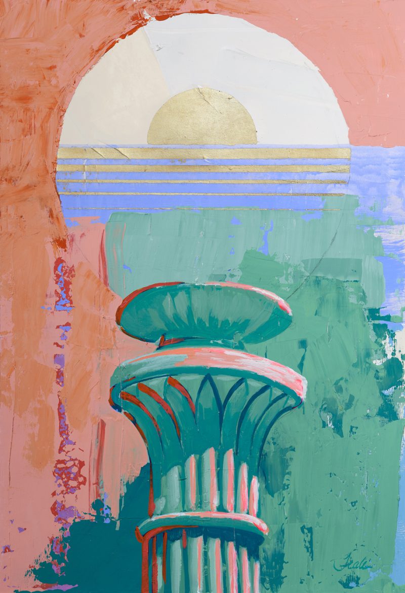 Original painting of a globe shaped street light against fields of blue, green and pink. The light emanates a glow through the application of gold leaf, revealing itself as an ocean sunset.