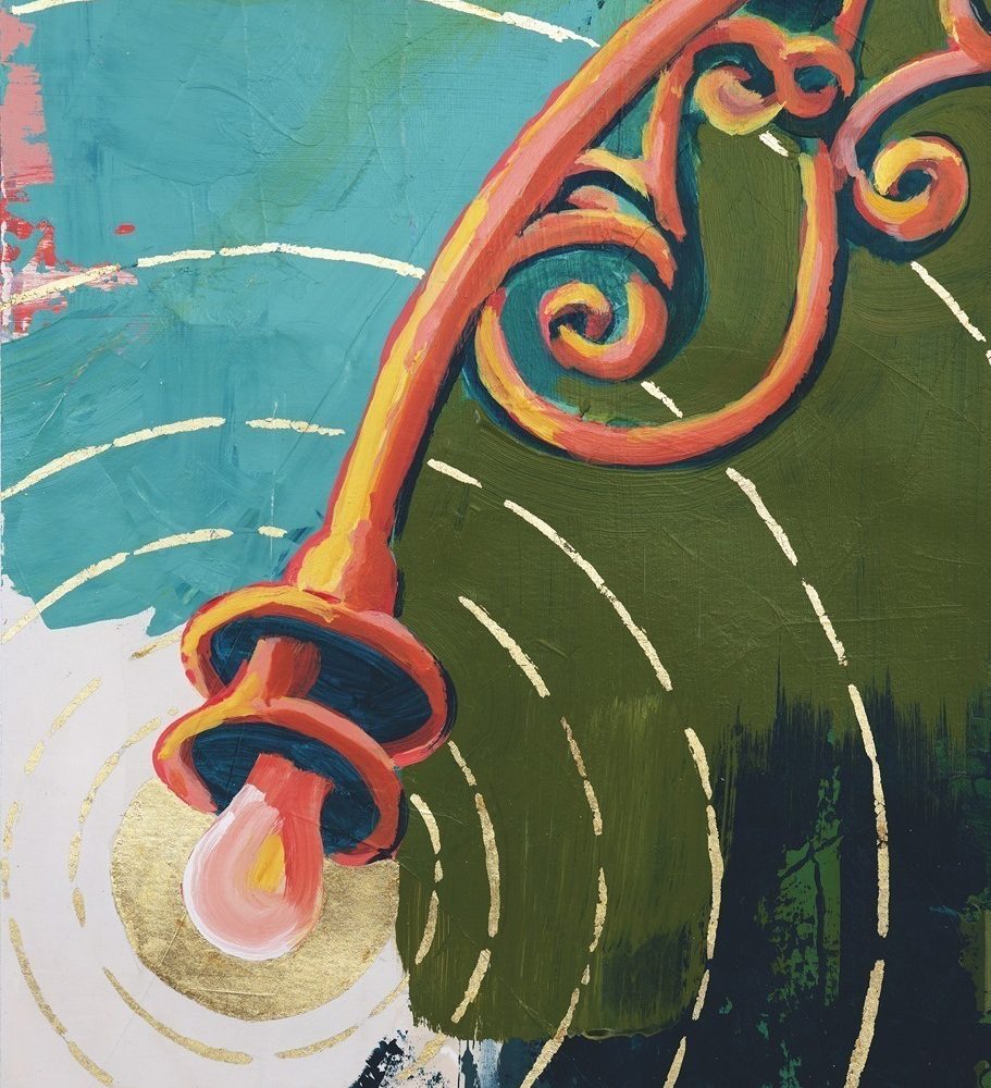 Original painting of a warm toned street light against a blue and green background. The light emanates a glow through the application of gold leaf.