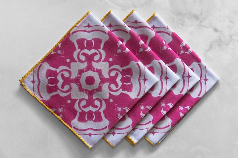 Alexandria Cloth Cocktail Napkin in berry pink is a fun, symmetrical pattern