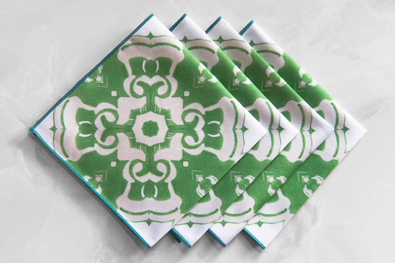 Alexandria Cloth Cocktail Napkin in moss green is a fun, symmetrical pattern