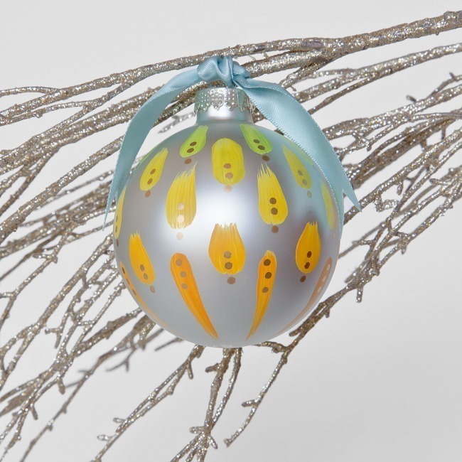 Small batch christmas tree ornaments hand painted in shades of yellows