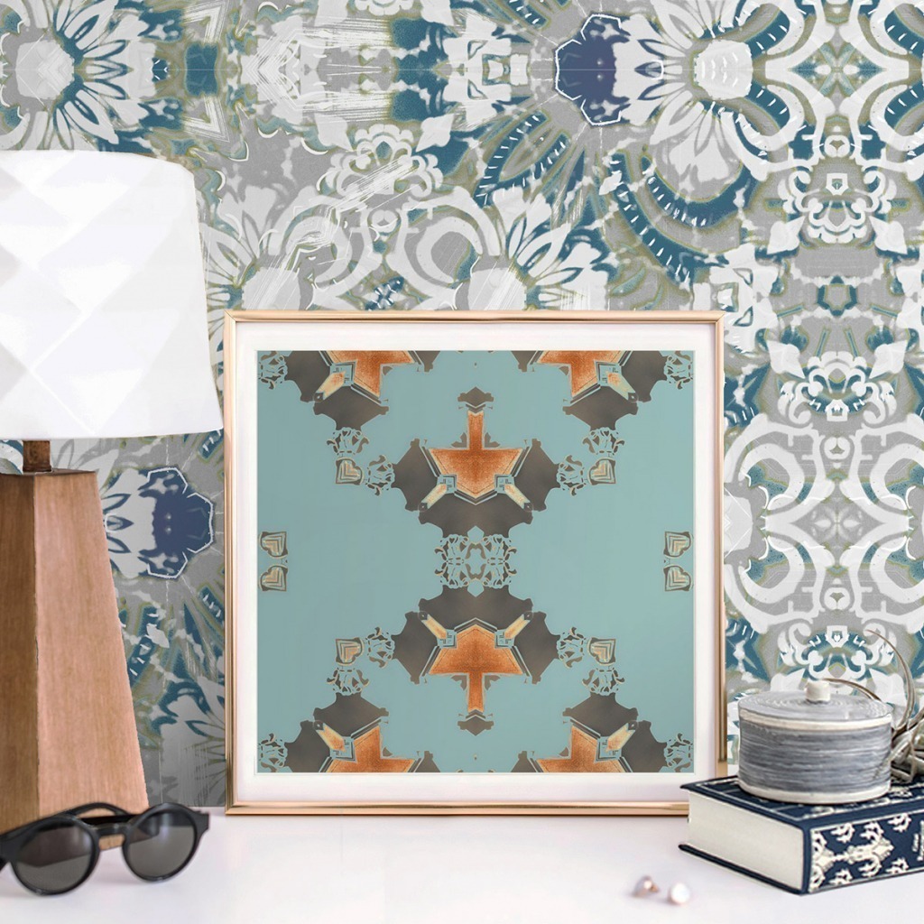 Copper and wood tones warm up a blue and white wallpapered room for the cooler months