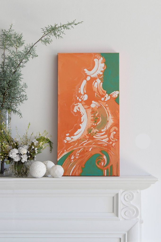 Adobe Abstract Architectural Botanical Painting by Teale Hatheway installed over a living room fireplace.