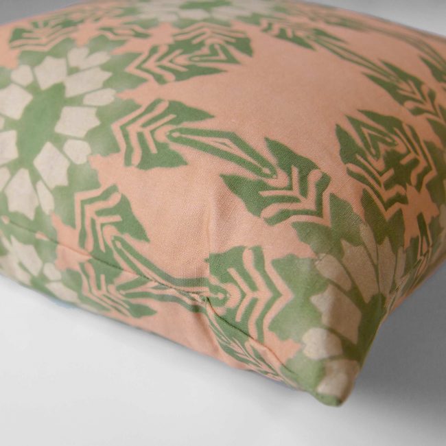 Artemis Dark Clay Peach Tropical Throw Pillow detail with hidden zipper