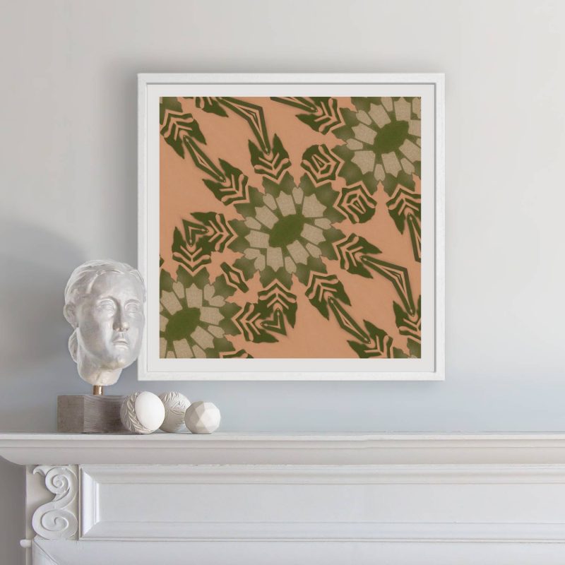 Carmen Floral Art Print in Dark Clay Pink, hung over a fireplace mantel