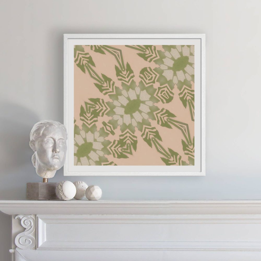 Artemis Botanical Art Print in Light Clay Pink hung over a fireplace mantel