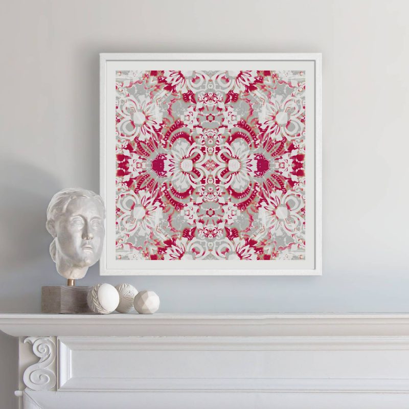 Carmen Floral Art Print in berry pink, hung over a fireplace mantel