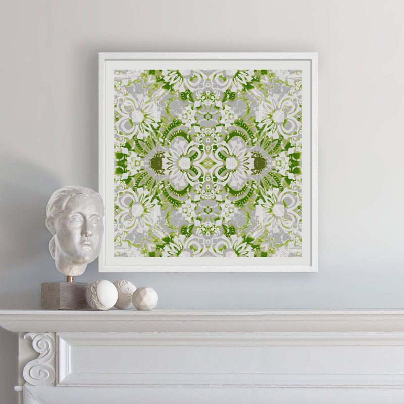 Carmen Floral Art Print in moss green, hung over a fireplace mantel