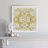 Carmen Floral Art Print in Saffron Yellow, hung over a fireplace mantel
