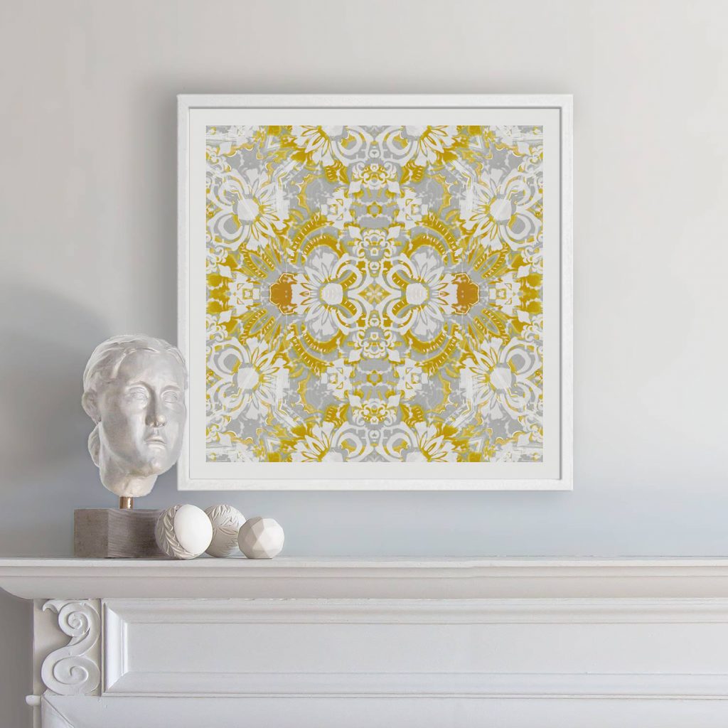 Carmen Floral Art Print in Saffron Yellow, hung over a fireplace mantel