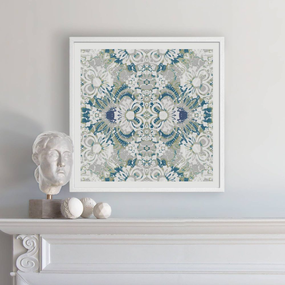 Carmen Floral Art Print in Blue, hung over a fireplace mantel