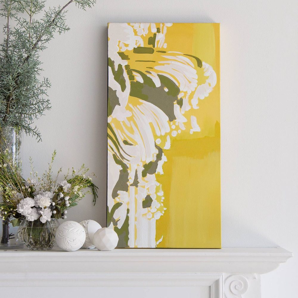 Citrine Yellow Abstract Architectural Botanical Painting by Teale Hatheway installed in a home