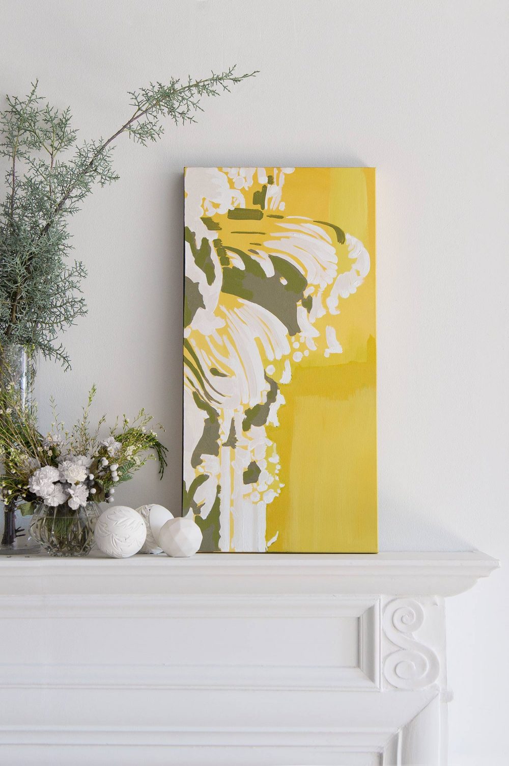 Citrine Yellow Abstract Architectural Botanical Painting by Teale Hatheway installed in a home