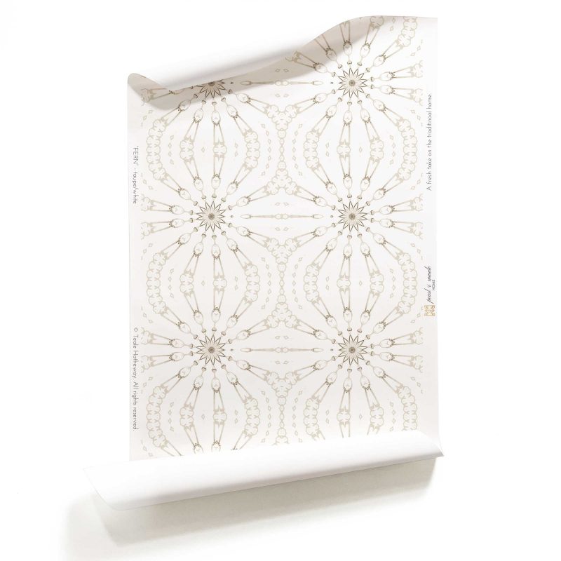 Fern Taupe White Arabesque Wallpaper roll by Pearl and Maude