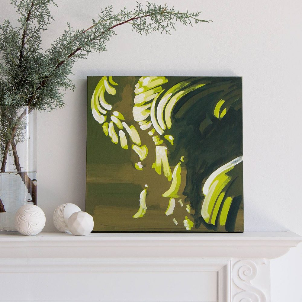 Flop Green Abstract Architectural Botanical Painting by Teale Hatheway installed in a living room