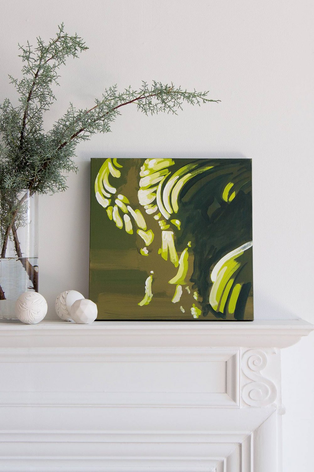 Flop Green Abstract Architectural Botanical Painting by Teale Hatheway installed in a living room