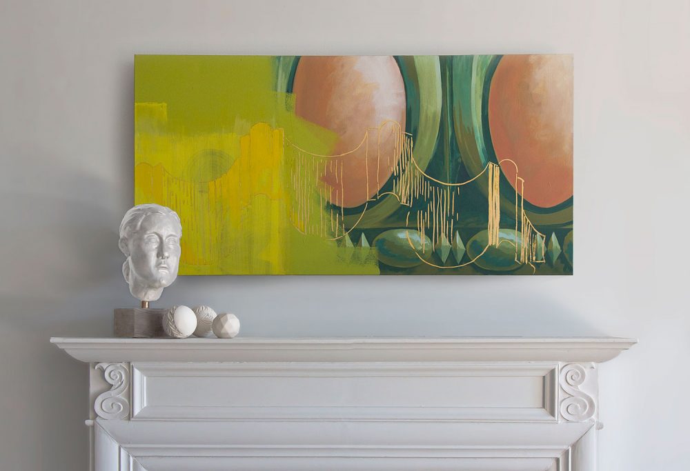 Recollection Contemporary Painting of Classical Architecture by Teale Hatheway installed over fireplace mantel