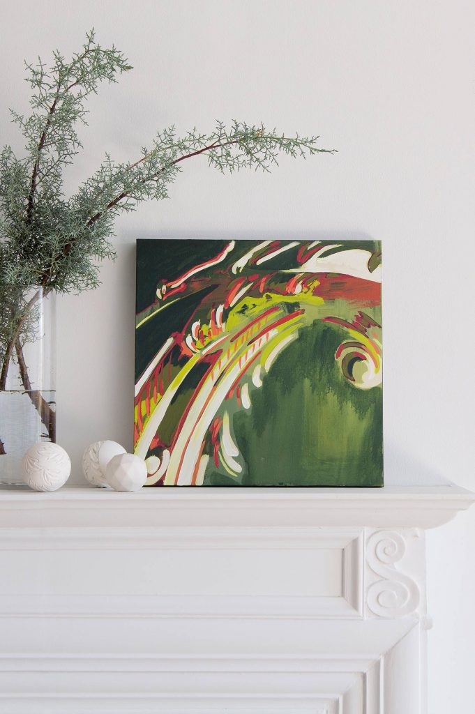 Swoop Colorful Abstract Architectural Botanical Painting by Teale Hatheway installed in a living room