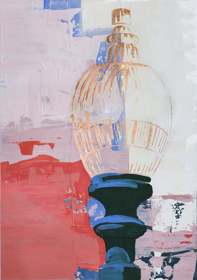 "Clarity, Calm and Focus," by Teale Hatheway is a lovely, expressionist street light painting in pink.
