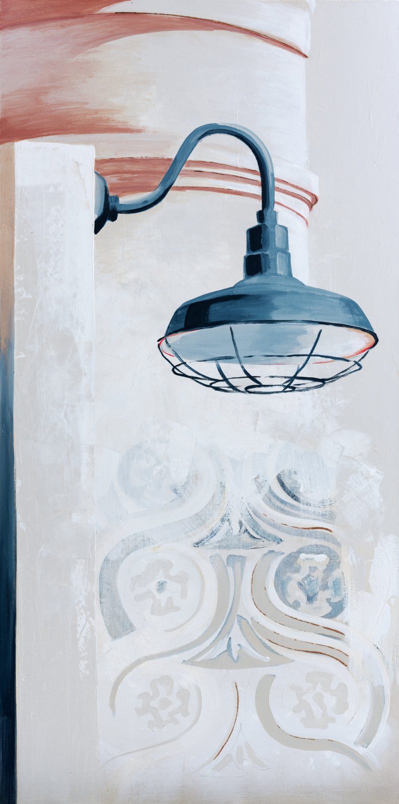 “Just Right Here,” by Teale Hatheway is an industrial street light painting in cream, blue and soft rust colors.