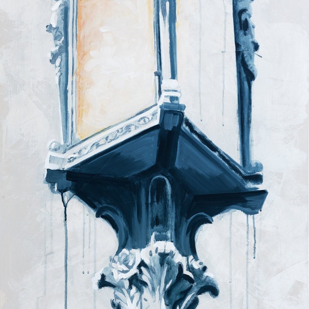 “Through Town and Right,” by Teale Hatheway is an historic street light painting in cream, blue and soft yellow colors.