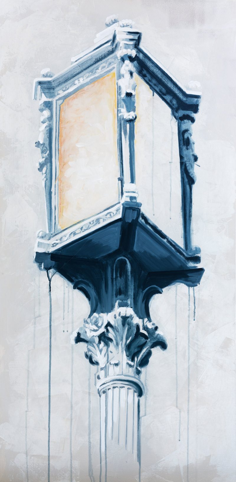 “Through Town and Right,” by Teale Hatheway is an historic street light painting in cream, blue and soft yellow colors.