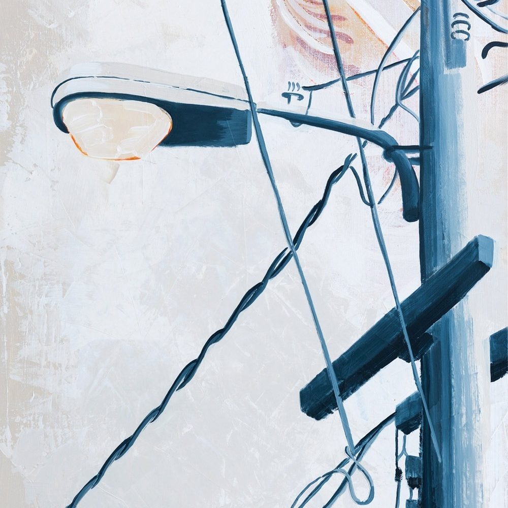 “Through the Alley and Left,” by Teale Hatheway is an urban street light painting in cream, blue and soft rust colors.