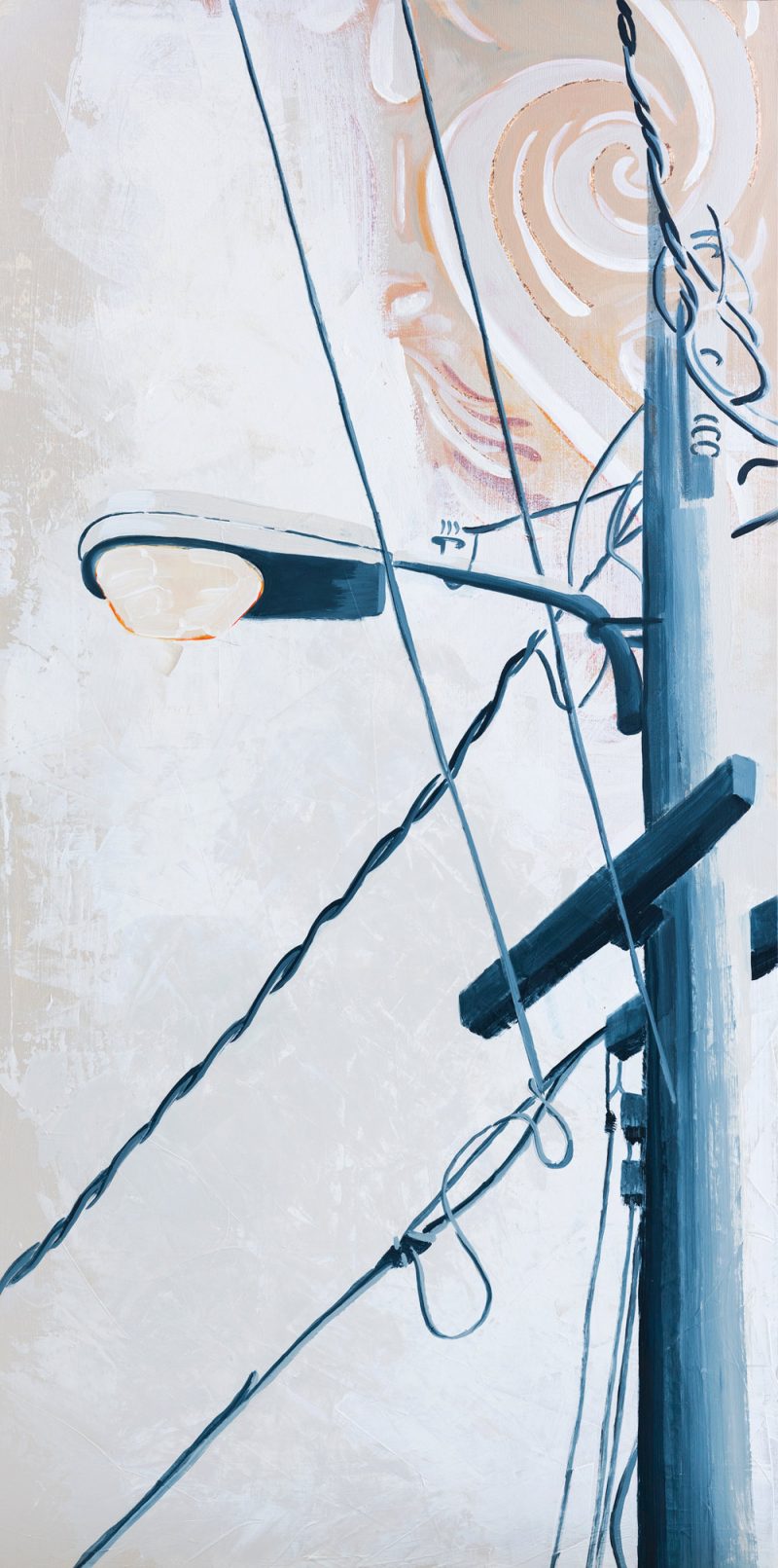 “Through the Alley and Left,” by Teale Hatheway is an urban street light painting in cream, blue and soft rust colors.