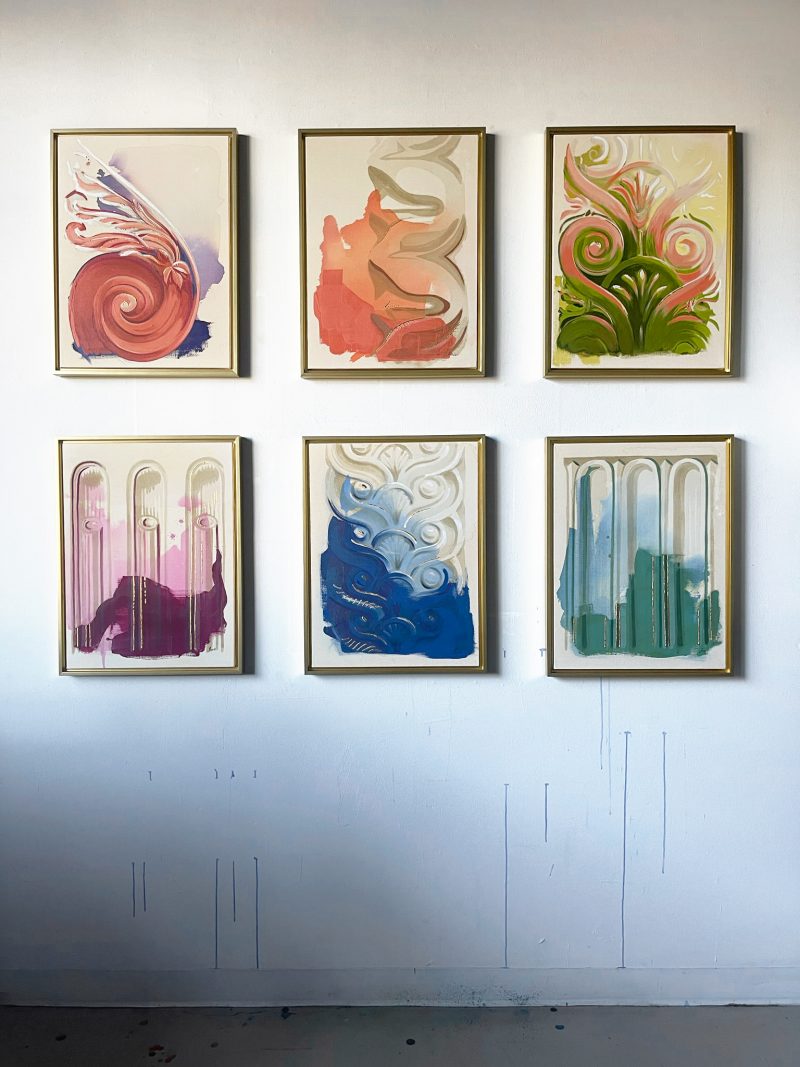 grouping of abstract architectural paintings by Teale Hatheway